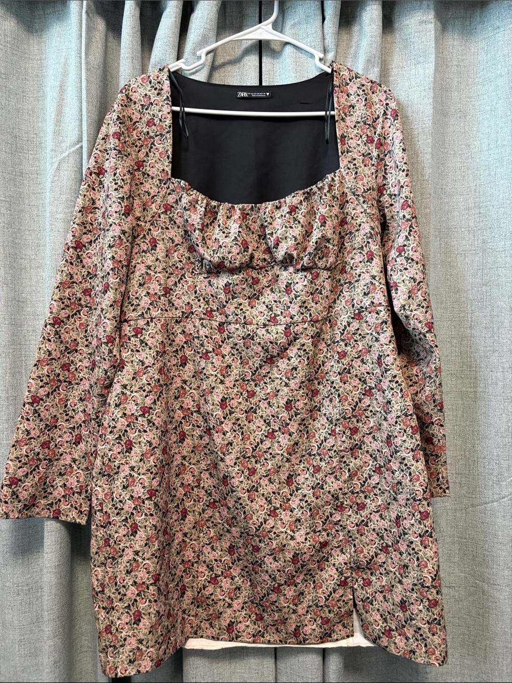 Zara Rose-Print Long Sleeve Square-Neck Mini Dress
